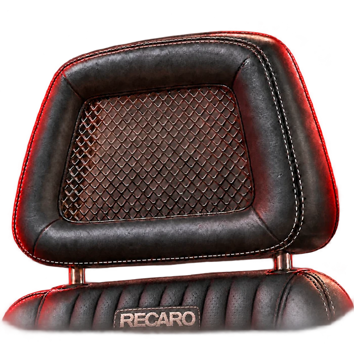 Black fishnet RECARO headrest with a RECARO badge on the seat