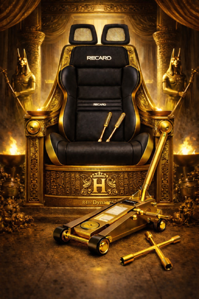 Original HTX Slab Directory artwork: a black vintage RECARO-style seat with two netted headrests set as a golden Egyptian throne, with a gold floor jack and lug wrench at its feet.