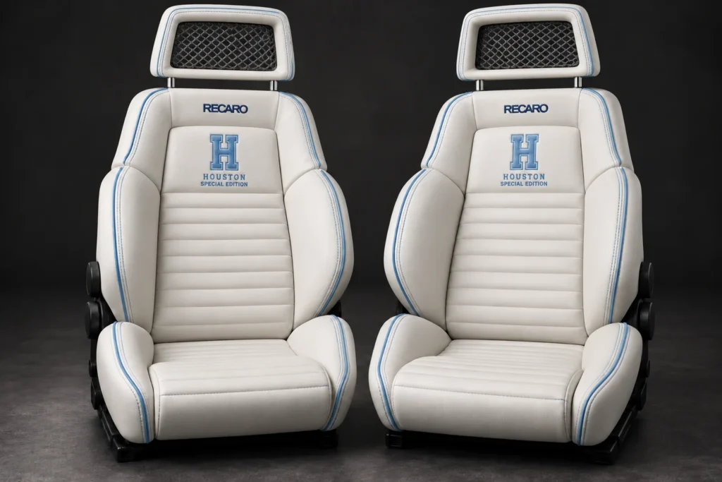 White leather RECARO seats with Houston blue piping, the Houston Special Edition design concept by Don Karl Khallid