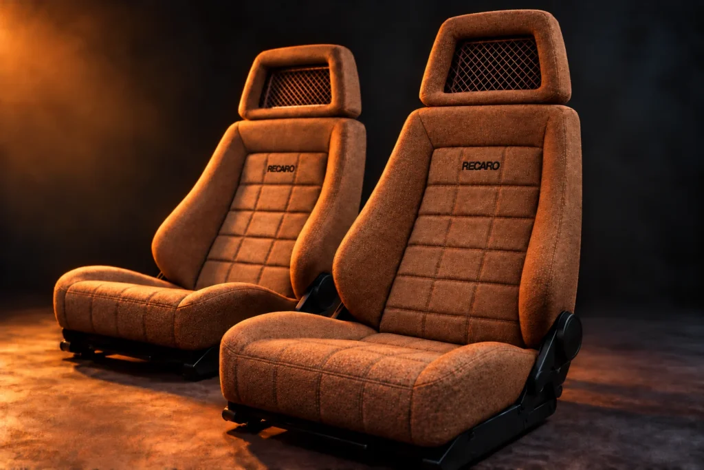 Illustration of two brown vintage-style RECARO seats with fishnet headrests.