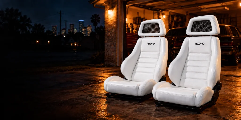 Pair of white RECARO seats with fishnet headrests outside a Houston garage at night, downtown skyline behind